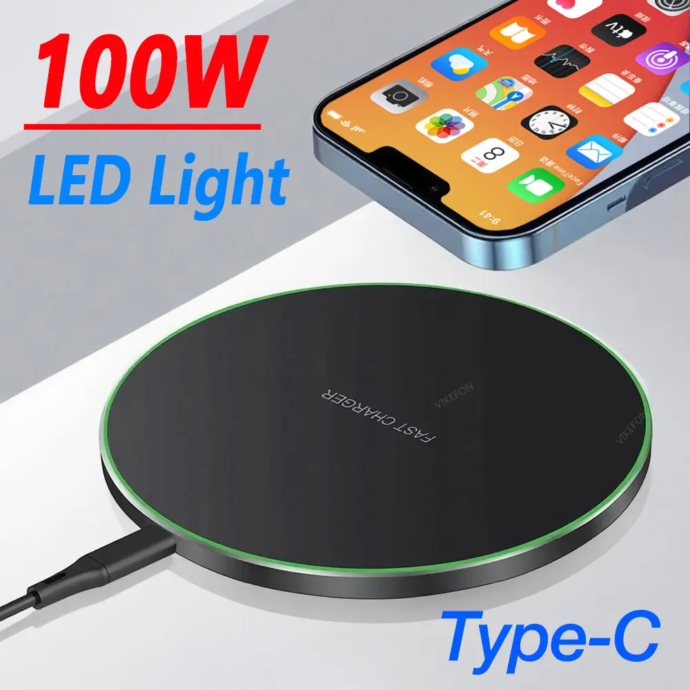 100W LED Light Wireless Charger Pad - White with Cable, Fast-Charging Type-C Adapter, >75% Efficiency Electronics Accessory for Cellphone, Mobile Device, iPhone 16/15/14/13/12 Pro Max, Samsung/Xiaomi Phones, AirPods 4/3 Pro2/1