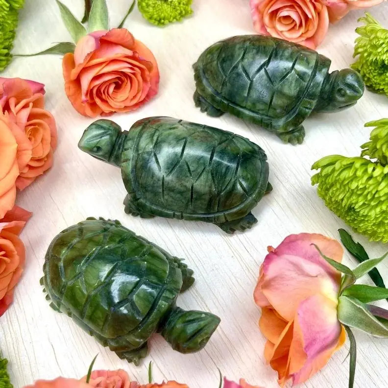 3Pcs Hand-Carved Natural Nephrite Jade Turtle Skull Set, Natural Crystal Home Decor, Reiki Healing Energy Specimen for Harmony, Good Luck, Endurance, Longevity with Carved Detail