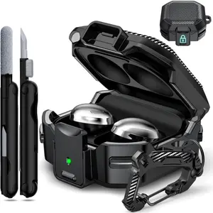 for Samsung Galaxy Buds 2 Pro/Buds Pro/Buds Live/Buds 2 Case Cover/Galaxy Buds FE (2023), Military Carbon Fiber case with Keychain/Zipper/with Cleaner Kit(Anti-Drop Lock)-Black
