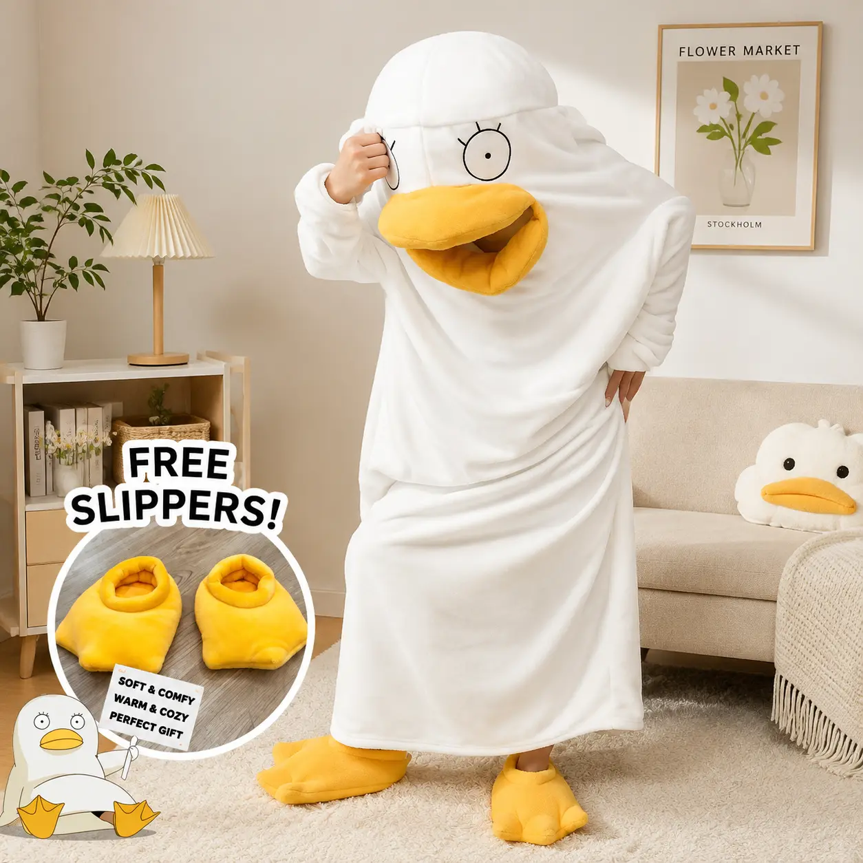 Cute Duck Wearable Blanket, Soft Flannel Fleece Hooded Pajama Robe with Cozy Slippers, Oversized Animal Loungewear Sleepwear for Women, Warm Winter Home Outfit Gift