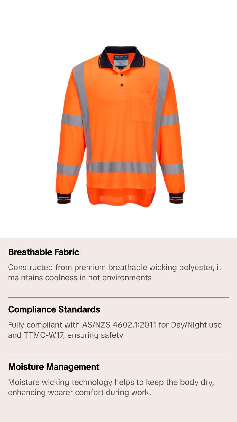 Portwest TTMC Long Sleeve Polo 2 Tone Comfort HiVis Reflective Work Safety TM312