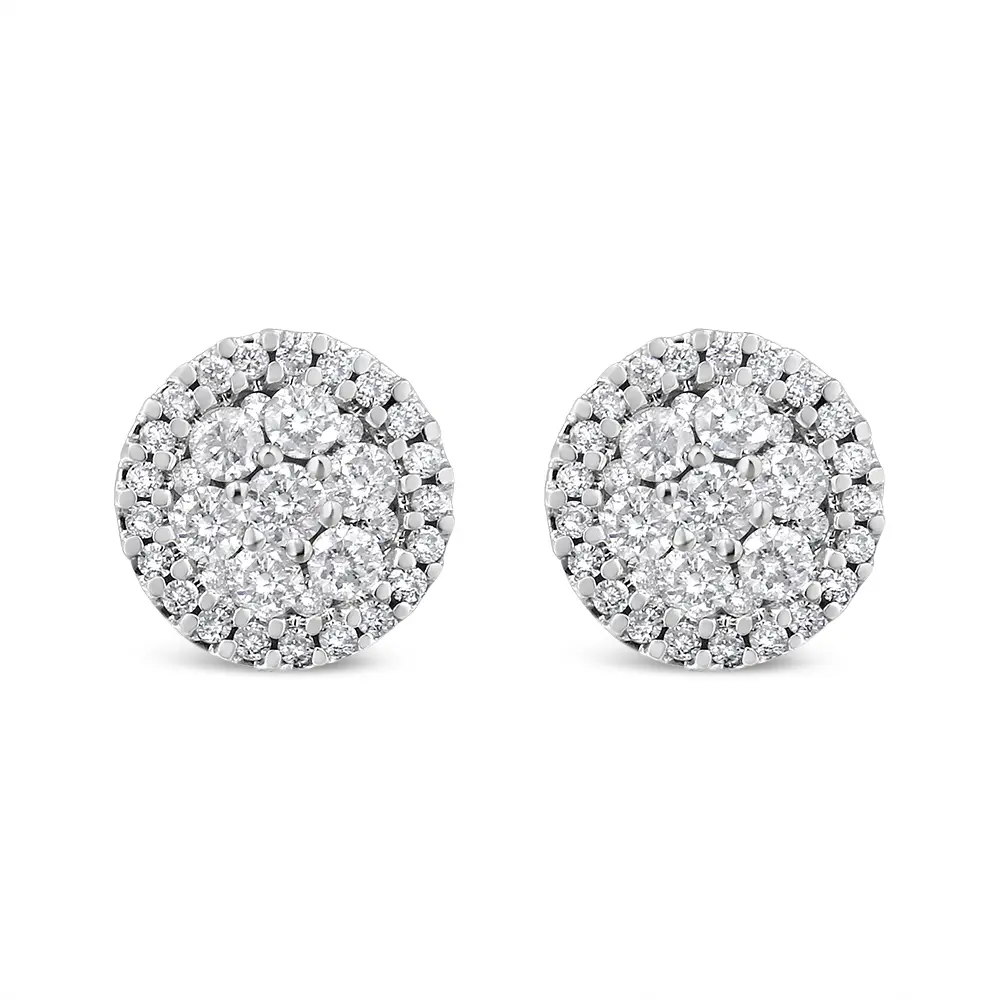 14K White Gold 1.0 Cttw Brilliant-Cut Diamond Halo-Style Cluster Round Button Stud Earrings (H-I Color, I1-I2 Clarity)