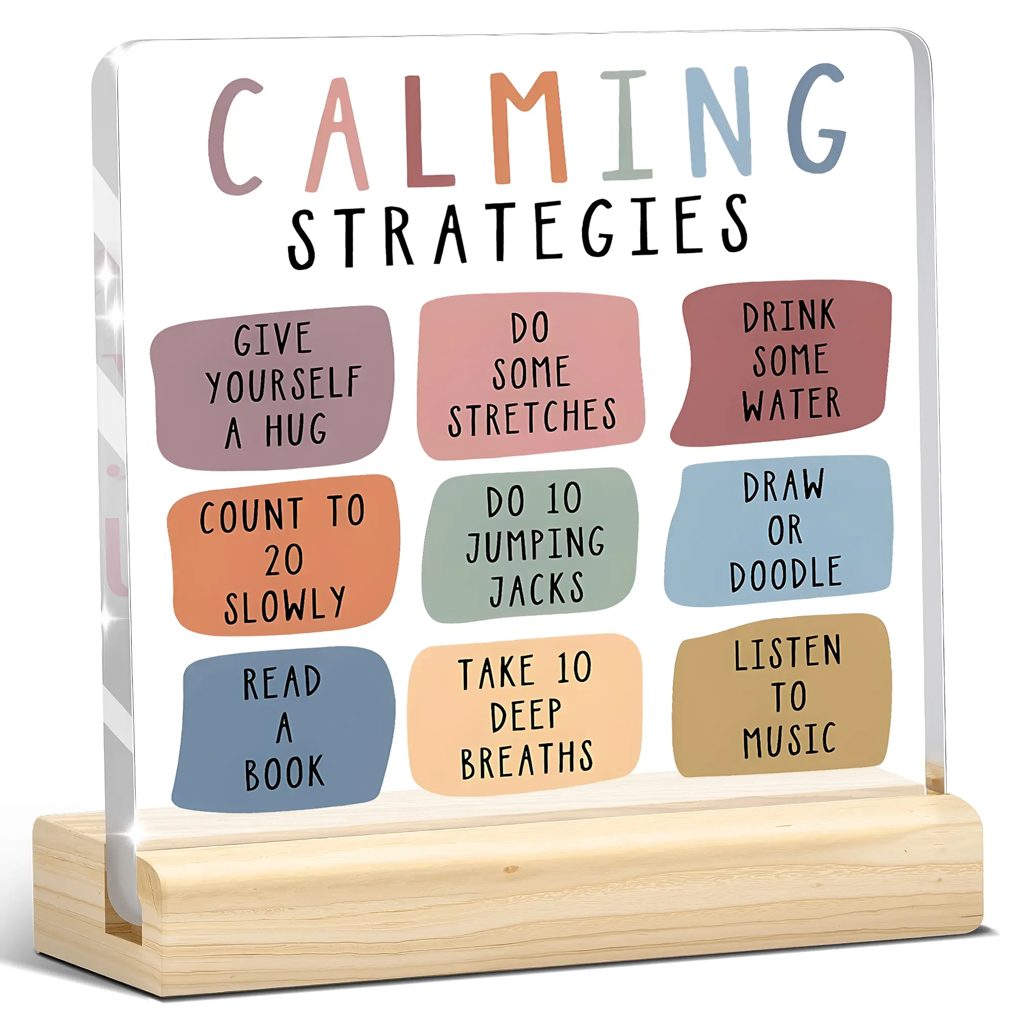 1Pc Calming Strategies Acrylic Plaque - Inspirational Mental Health Desk Decor for Kids Students Office Workers - Mindfulness Sign Positive Affirmations Gift Back-to-School Graduation Home Decoration, Plaque and Sign, Modern Decorations, Christmas Gifts