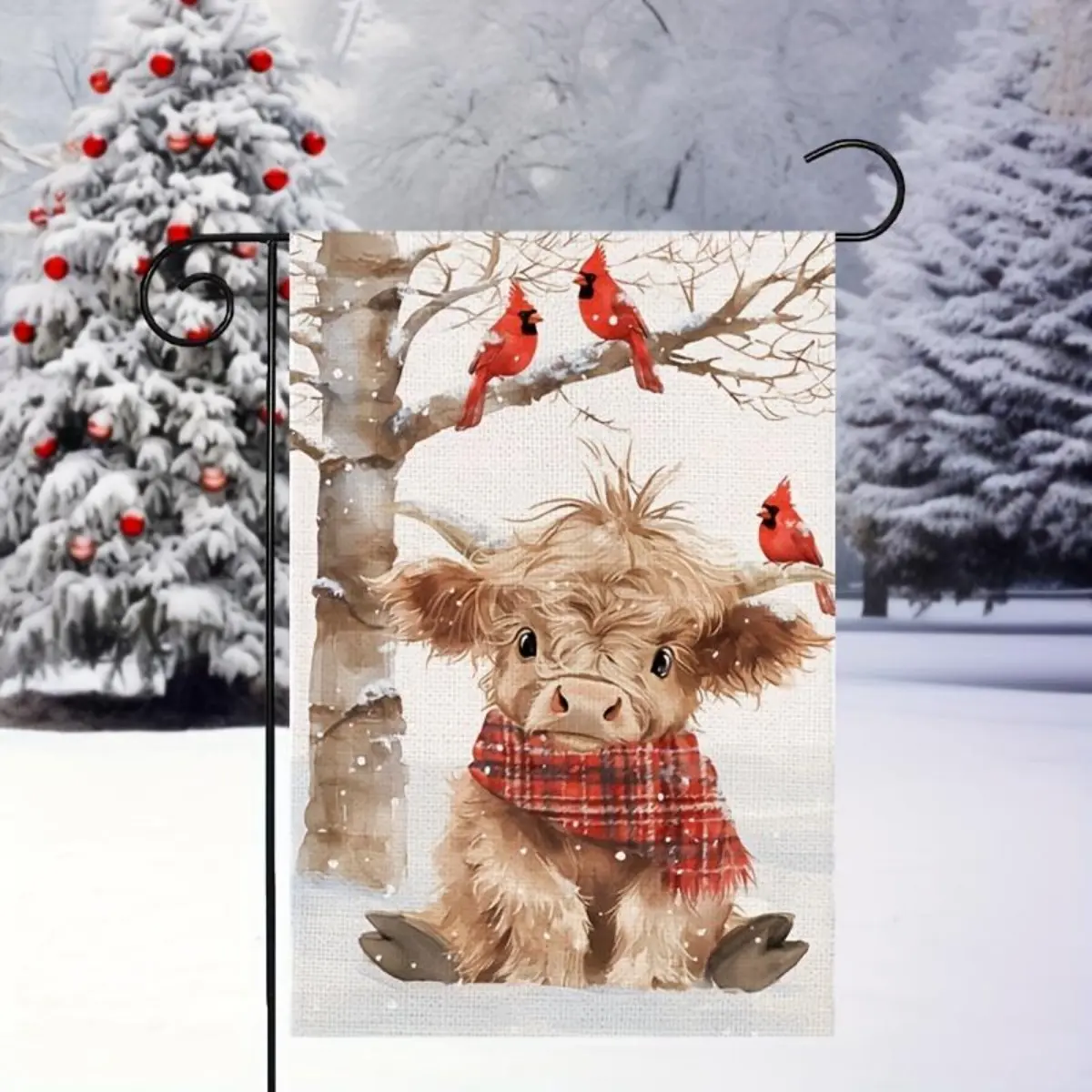 Christmas Garden Flag - Double-Sided Linen Outdoor Flag with Baby Highland Cow & Cardinal  Winter Farmhouse Yard Decoration - Durable, Weather-Resistant ( No Stand Included) Ornaments