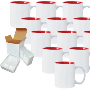 12 PACK - 11 oz. Red Inner and White Handle Ceramic Sublimation Mugs - Includes Foam Shipping Mug Boxes