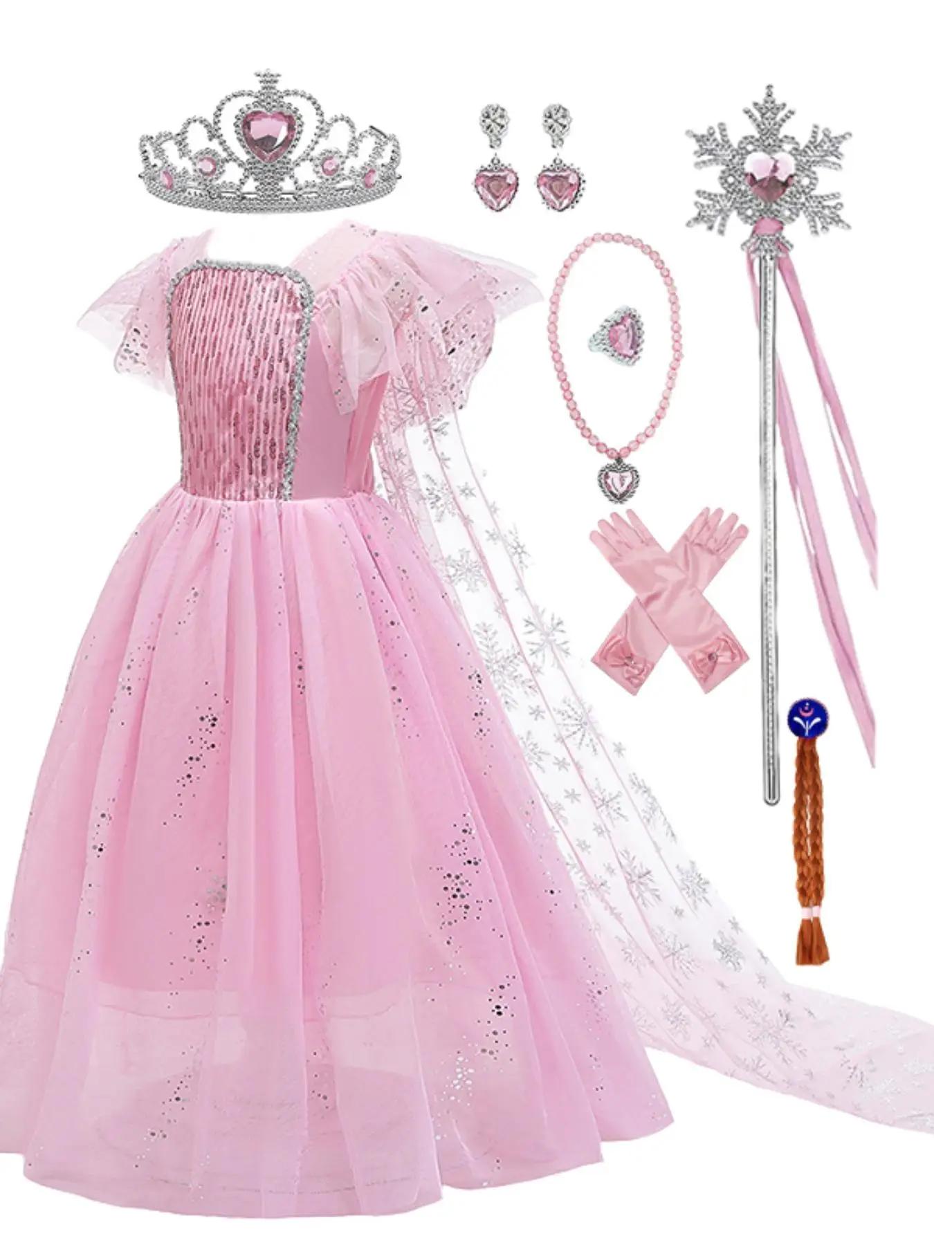 Girl's Princess Costume Set, Sequin Tulle Puff Sleeve Dress with All Accessories, Party Wear, Suitable for Christmas, Halloween, Daily Wear, Stage Per