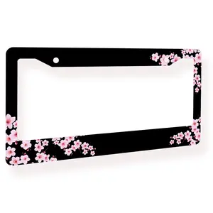 Cherry Blossom License Plate Frame Pink Flower License Plate Cover Funny Auto Accessory Bracket Aluminum Black License Plate Frames
