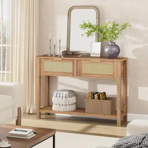 【GARVEE】Rattan Console Table With Drawers，Boho Sofa Table With  Storage， for Living Room and Corridor，Caramel Oak