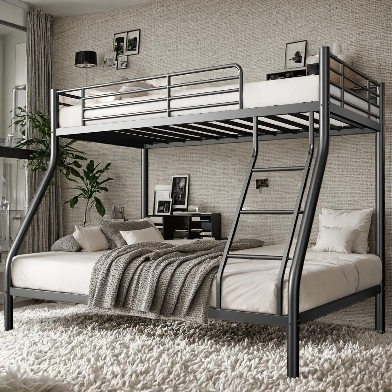 Metal Bunk Bed Twin Over Full Size with Ladder & Guardrail, Metal Bed Frame for Teens Adults, Heavy Duty Sturdy Bunk Beds, Black Furniture Bedroom Sle