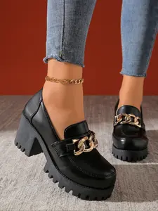 Ladies' elegant high-heeled loafers, metal chain design, waterproof platform round toe single shoes, fashionable and comfortable versatile shoes, women's holiday gifts