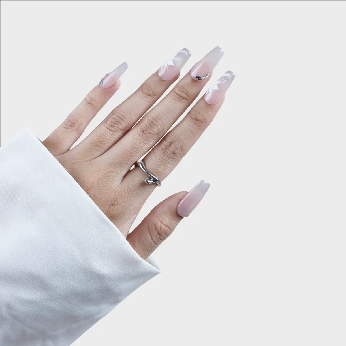Medium Coffin Press On Nails - Aura Lilac with Soft Silver Crystal Accent - Reusable False Nails, Siyou Aura Lilac