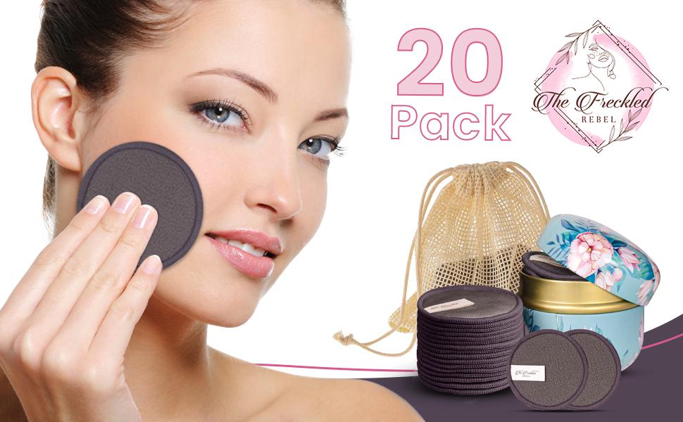Pack of 20 Reusable Makeup Remover Pads with Laundry Bag and Tin Can. Reusable Cotton Rounds for Facial Cleansing of All Skin Types Gentle Storage