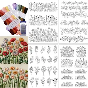 4 Sheets Preprinted Embroidery Pattern Paper, Self-Adhesive Water Soluble Stabilizer Kit with Wildflower Floral Botanical Designs, Complete with Embroidery Floss & Needles for Beginners DIY Handmade Craft Supplies