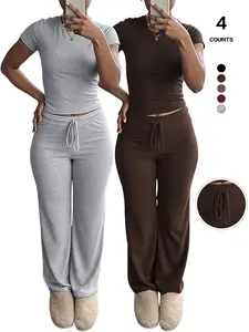 Women's Two-Piece Y2K, Fitted Long Sleeve Baby Tee & High-Waist Flare Lounge Pants, Comfortable Tracksuit Set for Casual Wear