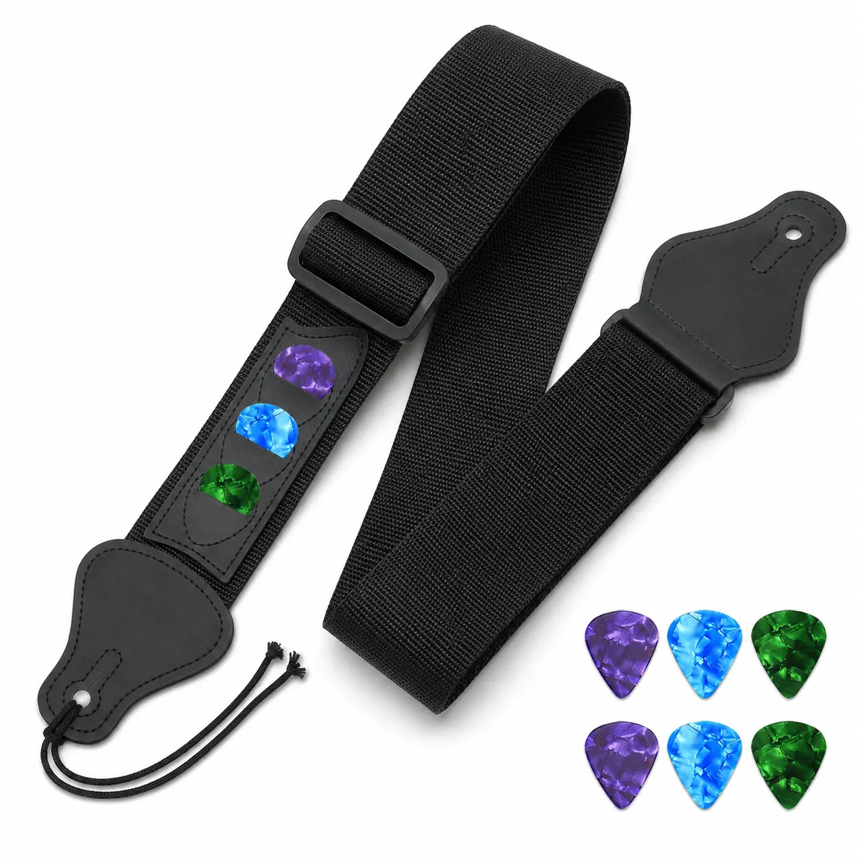 Guitar Strap with 3 Pick Holders | 6 Picks Included | Adjustable Nylon for Acoustic Electric Guitar Bass | Easy to Install (Black)