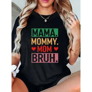 Women’s MAMA MOMMY MOM BRUH Graphic T - Shirt with Red Hearts, Casual Short Sleeve Tee for Mother’s Day, Daily Wear, Mom Life Casual Outfit