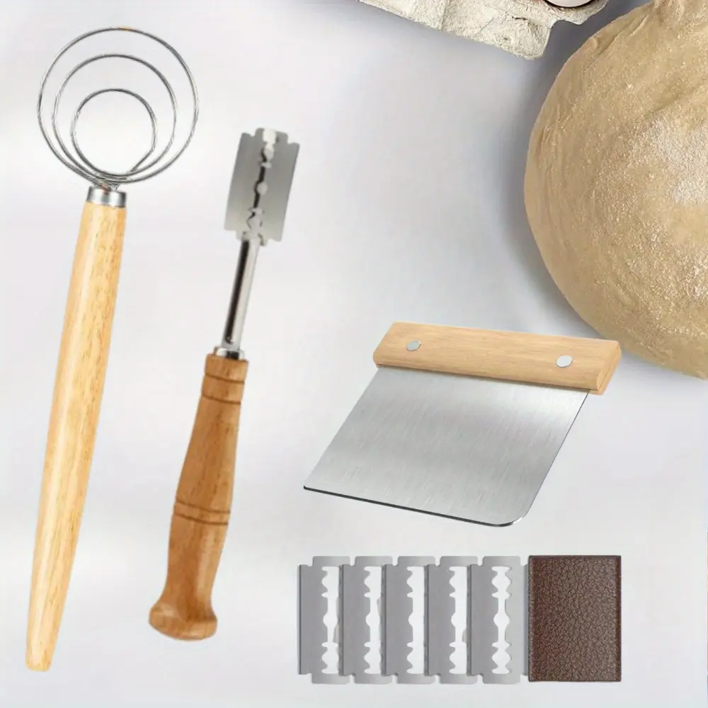 Stainless Steel 3-Piece Baking Hand Utensil Set - Double Edge Danish Dough Whisk, Bread Lame with 5 Replaceable Blades, Bench Scraper for Sourdough, Pizza; Improves Bread Texture, Reduces Clumping, Enables Accurate Dough Scoring
