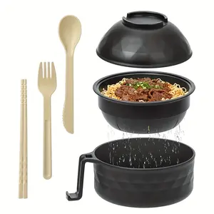 1PCS Ramen Bowl Set with Chopsticks Fork Spoon Microwave Instant Noodle Bowl Set Picnic Student Dormitory Essential - Black Cutlery Tableware Serving