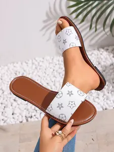 Women's Fashion Multicolor Flat Sandals, PU Leather Lightweight Design, Comfortable Rubber Sole, Slip-On Beach Slippers