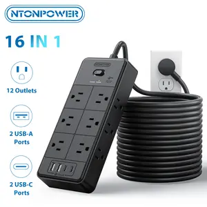 NTONPOWER 4000J Surge Protector Power Strip 10/15/25 FT Cord, Long Extension Cord with 12 Outlets & 4 USB Ports (2 USB C), 3 Side Multiple Outlet Extender, Wall Mounted for Home Office