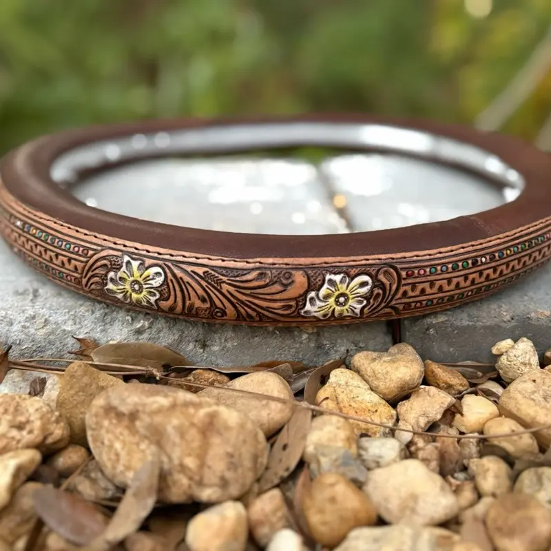 15” brown tooled leather steering wheel cover with yellow flowers