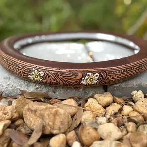 15” brown tooled leather steering wheel cover with yellow flowers