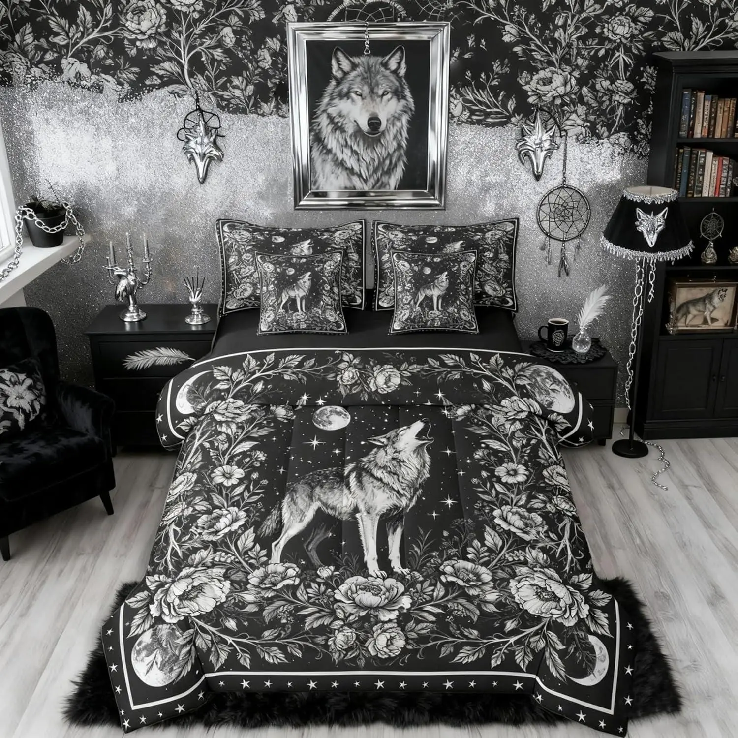 Goth Comforter Set with Sheets | Howling Wolf 7 Piece Bedding Set Flowers Galaxy Moon Bed in a Bag,Vintage Floral Room Decor Black Gothic Decor