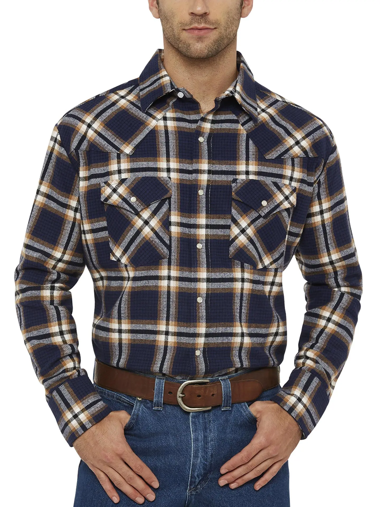 Men's Ely Cattleman Long Sleeve Brawny Flannel Western Snap Shirt- Navy Men's Ely Cattleman Long Sleeve Brawny Flannel Western Snap Shirt- Navy