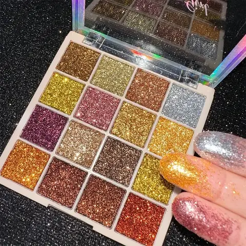 16 Color Glitter Eyeshadow Palette, Highly Pigmented Shimmering Eyeshadow Powder, Sparkly Shimmer Makeup, Multipurpose Eye Shadow Makeup Products for Stage, Party, Cosmetic