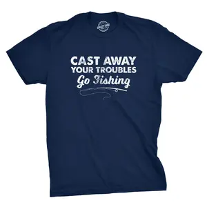 Mens Cast Away Your Troubles Go Fishing T Shirt Cute Outdoors Tee Mens Funny T Shirts Cool Vintage Fashion T-Shirt Gift Classic Menswear Funny Fishing Short Sleeve Novelty Tees for Guys Navy