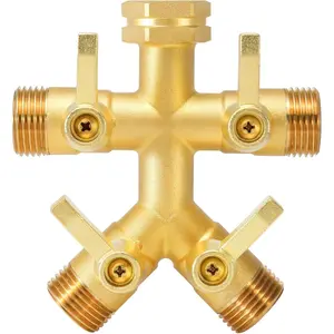 Brass Garden Hose Splitter Full Flow, Outdoor Faucet Heavy Duty Hose Splitter 4 Way High Flow, 3/4-Inch Multi-Angle Spout with 4 Individual /Off Valve and Extended Handle