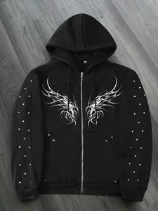 Men's Hooded Zipper Jacket, Dark Trendy Style, Symmetrical Wings Design, Silver Color Studs, Streetwear Fashion