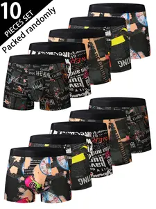 Men's Fashionable Geometric Print Underwear, Soft Comfortable Elastic Thin Briefs, Sporty Shorts, Trendy New Design, All Seasons, Set