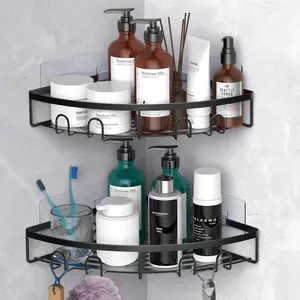 Corner Shower , 2 Pack Adhesive Bathroom Shower Corner Organizer Shelf, No Drilling Rustproof Wall Mounted Shower Storage Rack Shampoo Holder Organizer (Black)