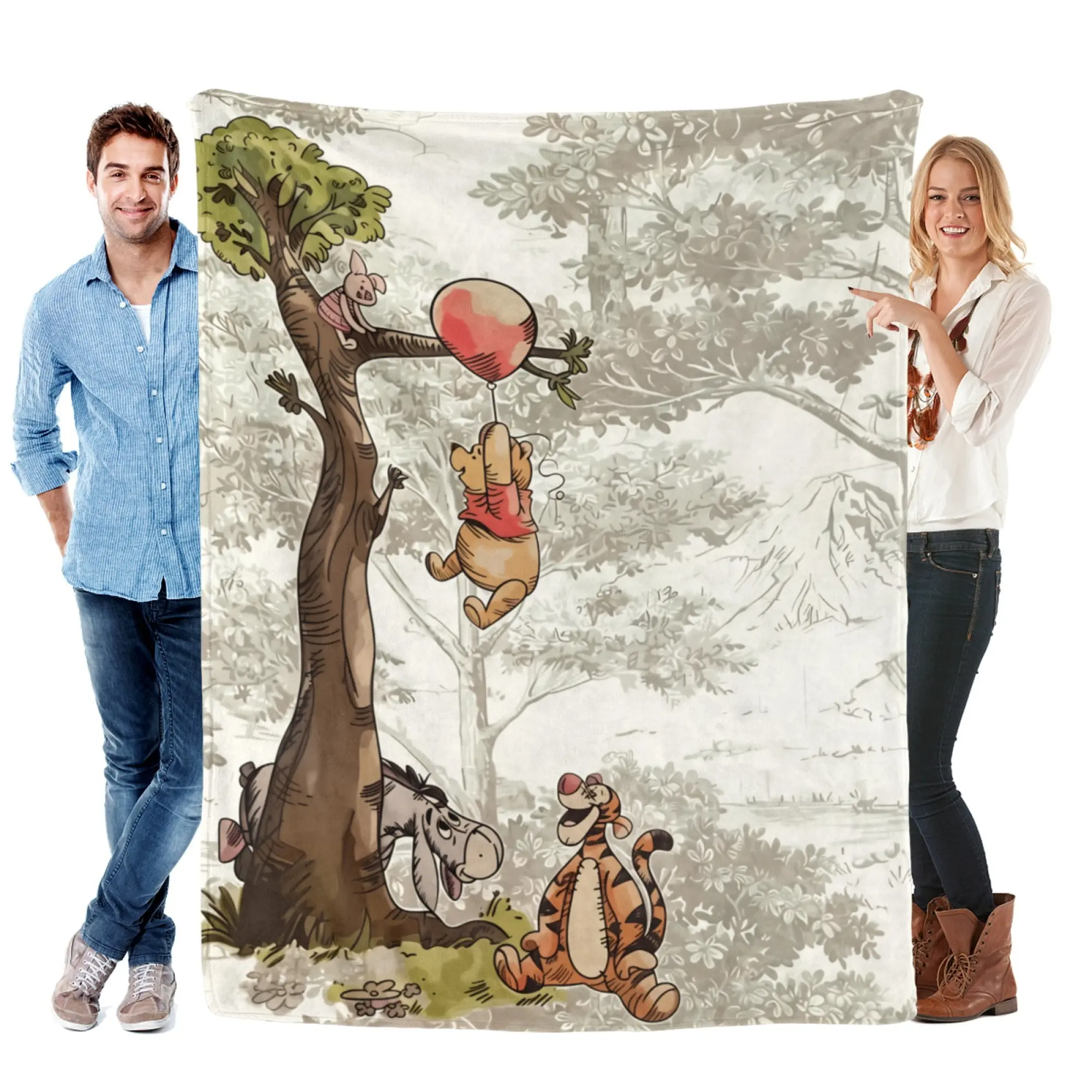Disney Winnie the Pooh & Friends Ultra-Soft Fleece Blanket - Cottagecore Watercolor Art Decor, Infant Nursery Cozy Neutral Bedding Throw, Flannel Fleece
