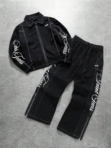 Men's stylish two-piece set: a fitted square-neck zip-up long-sleeved graphic shirt and elastic-waisted slit pants. Simple yet sophisticated, suitable for everyday wear. Also the perfect gift for your boyfriend.