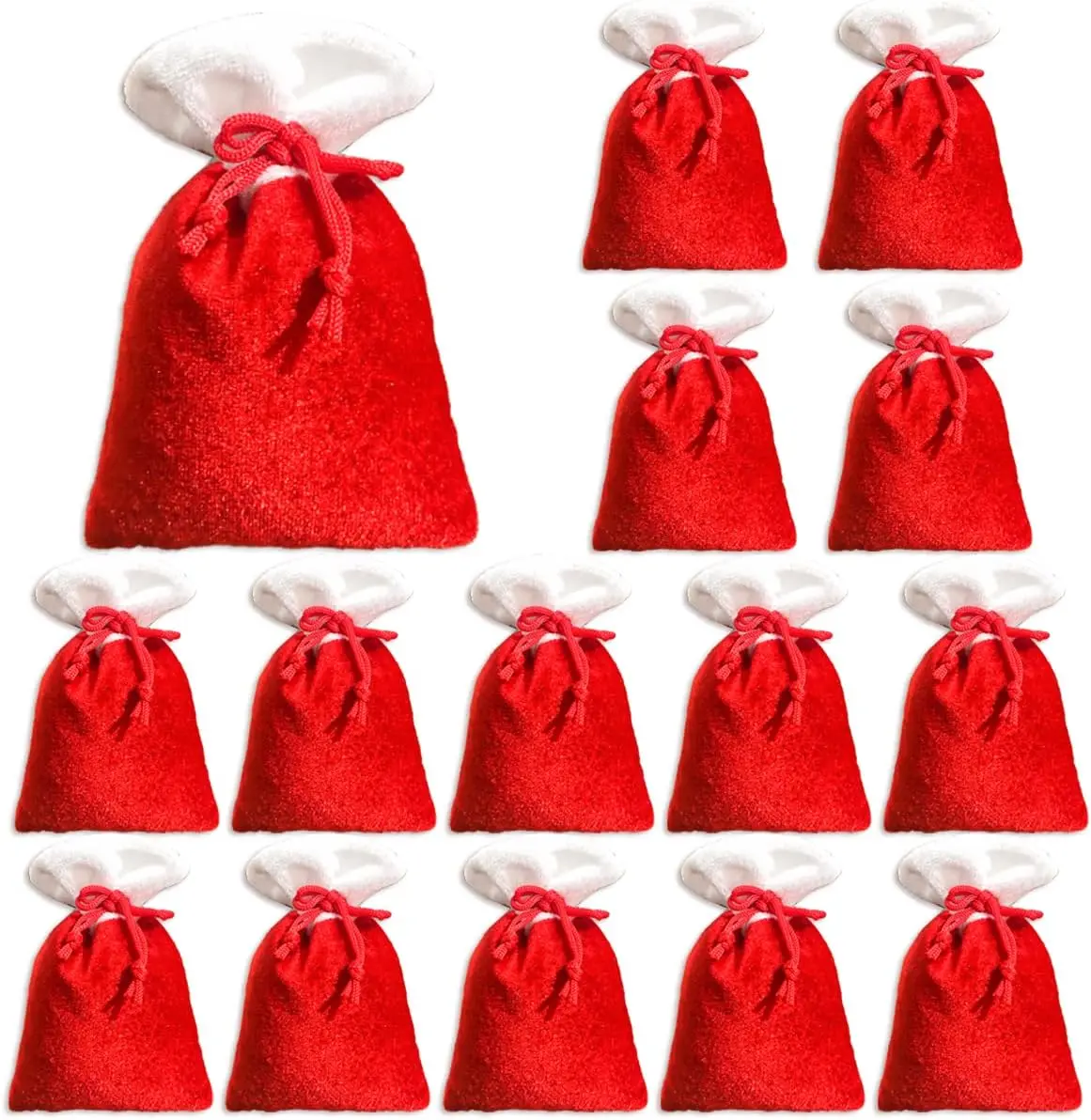 15 Velvet Drawstring Bags - Red Christmas Tree Ornaments & Gift Wrap Bags - Velvet Santa Gift Bags for Decor Storage