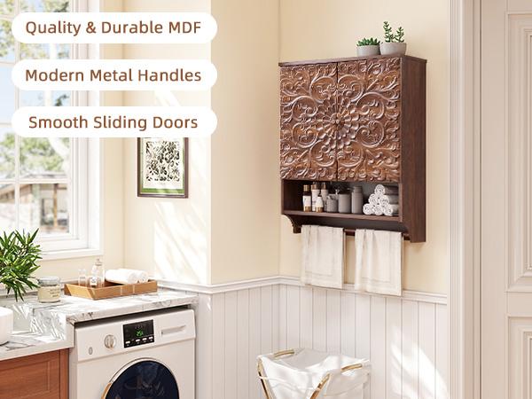 Giratree 24'' Medicine Cabinet with Carved Floral Doors, Wall Mounted Bathroom Cabinet with Towel Bar, Adjustable Shelf and Soft-Close Hinges for Small Spaces
