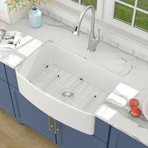 Lordear 30 White Farm Sink 30x19 inch Farmhouse Sink White Fireclay Ceramic Porcelain Curved Apron Front Single Bowl Farm Kitchen Sinks Basin