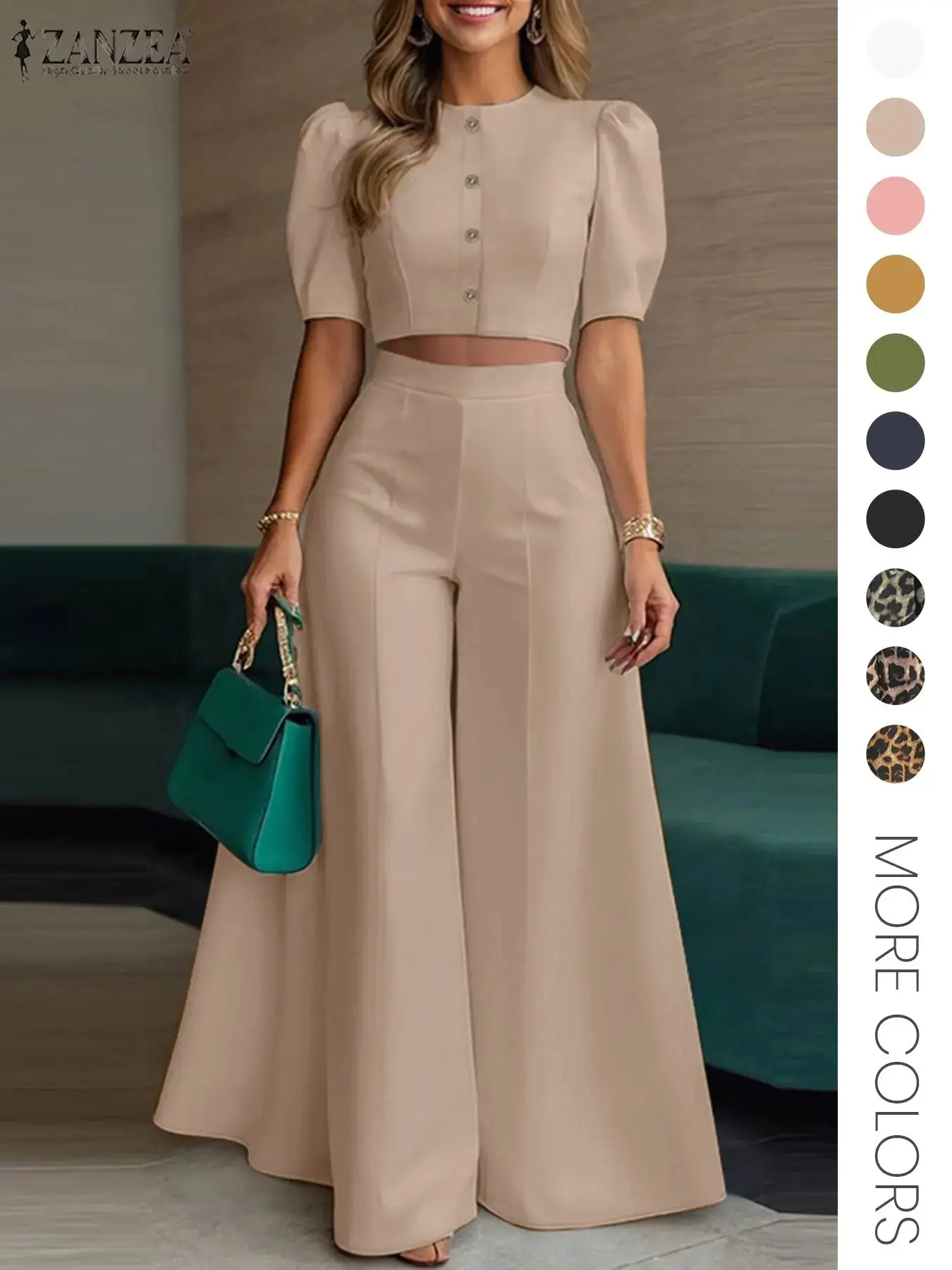 ZANZEA Women's Street Chic Fashion Commuter Crop Top Short Sleeve Bubble Sleeves High Waist Loose Pants Plain Color Woven Set, Elegant All-Season Clothing Cropped Garment