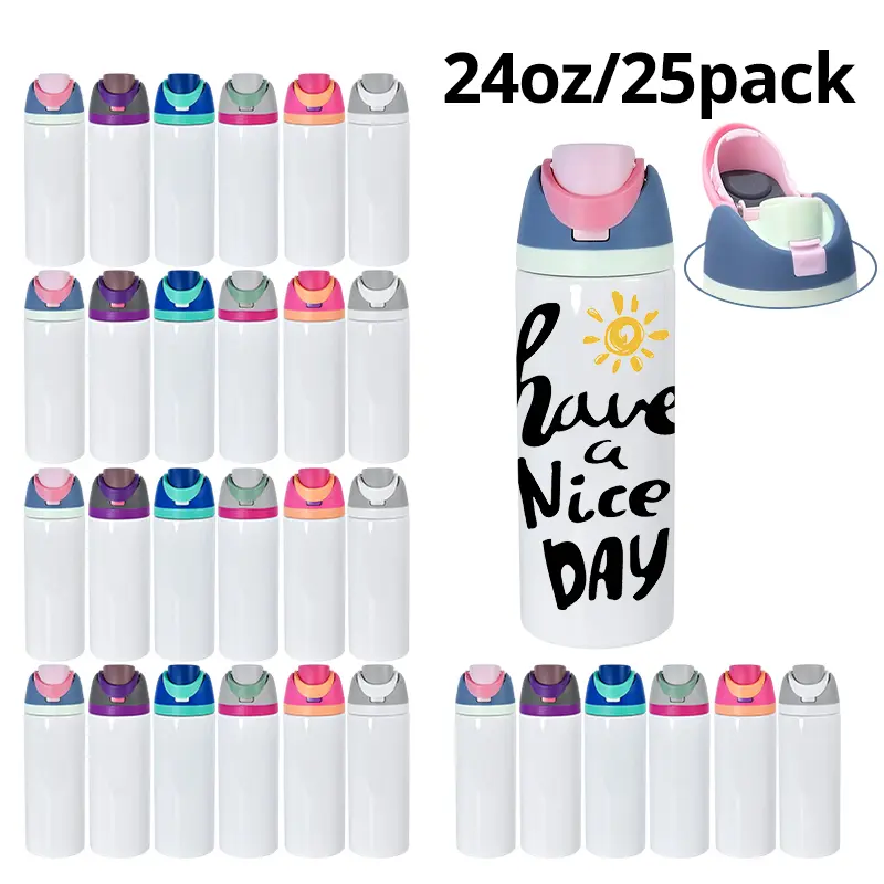 25pcs 24oz Sublimation Stainless Steel Insulated Vacuum Water Bottles - Leakproof Flip Top Tumblers, 6 Mixed Colors Portable Custom Drinkware, US Warehouse Stock for Outdoor Use