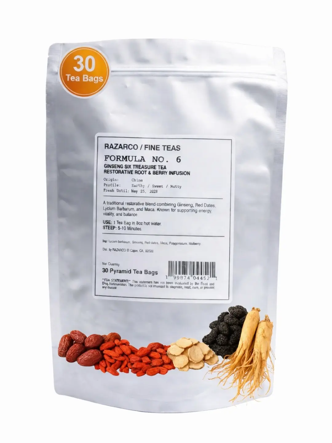 Ginseng Six Treasures Herbal Tea – Traditional Herbal Blend with Maca, Goji & Red Dates – Caffeine-Free Daily Tea – 30 Bags