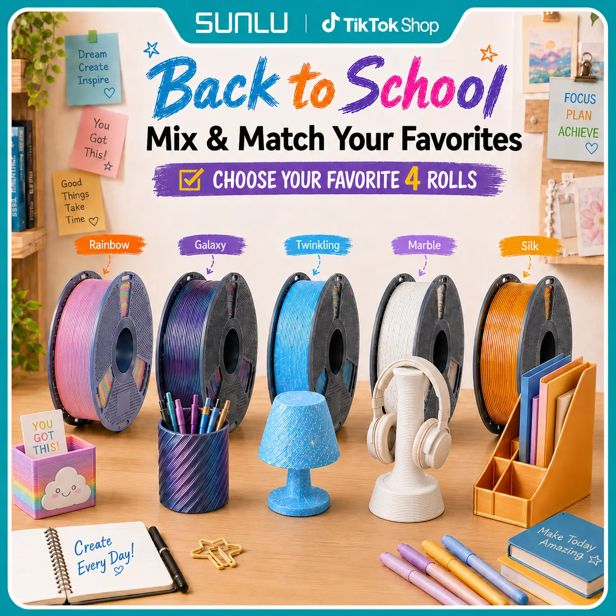 SUNLU 1KG PLA Filament Bundle, 3D Printing Supply with Back to School Aesthetic Options - Mix & Match Galaxy Theme, Twinkling, Marble, Wood, Rainbow, Matte Varieties