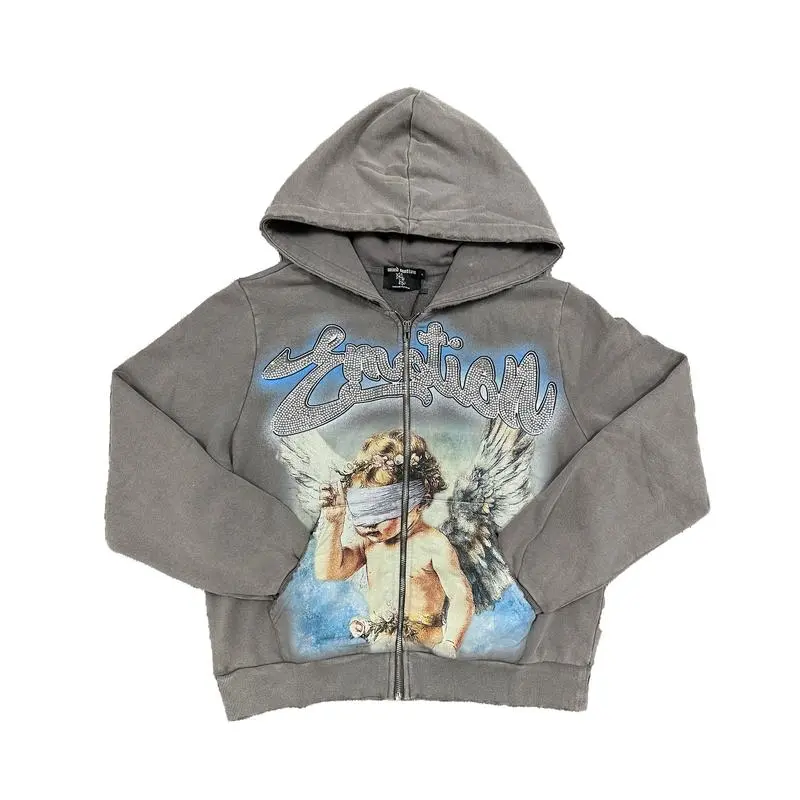 Men's Grey Rhinestone-Embellished Casual Hoodie