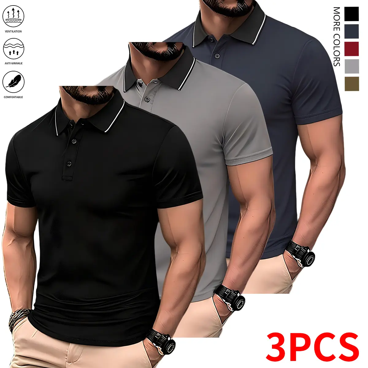 Summer 3-piece set for men: collared polo shirt, solid-color light-weight short-sleeve polo available in multiple colors, workwear/casual sportswear tops; casual short-sleeve shirts, quick-dry solid-color T-shirts, moisture-wicking men’s tops.