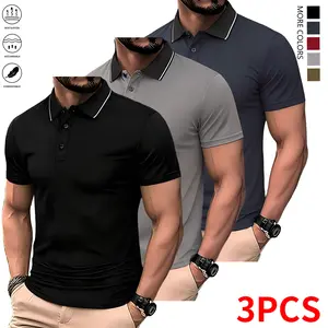 Summer 3-piece set for men: collared polo shirt, solid-color light-weight short-sleeve polo available in multiple colors, workwear/casual sportswear tops; casual short-sleeve shirts, quick-dry solid-color T-shirts, moisture-wicking men’s tops.,summervibes