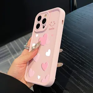 Pink Phone Case with Heart and Happy Face Pattern, Suitable for iPhone 15 Pro Max, iPhone 16/14 Plus/13 Pro/12/11. Provides Full Protection, Stylish Choice, Perfect as Valentine's Day Gift Protector Cover Protective Shockproof  Casing Smartphone Cellphone