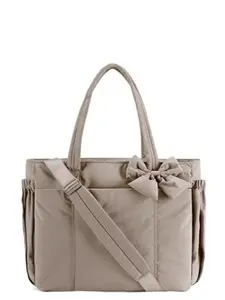 Crush Bow Tote Bag for Women Laptop Tote Bags 15.6" Laptop Friendly Lightweight Puffy Handbag with Removable Bow & Multiple Compartments for Travel Work Beach Gym 20L Capacity TikTokShopHolidayHaul