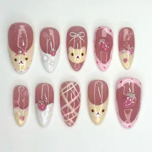 Kawaii Strawberry Bear Press On Nails | Pastel Fruit Nail Art