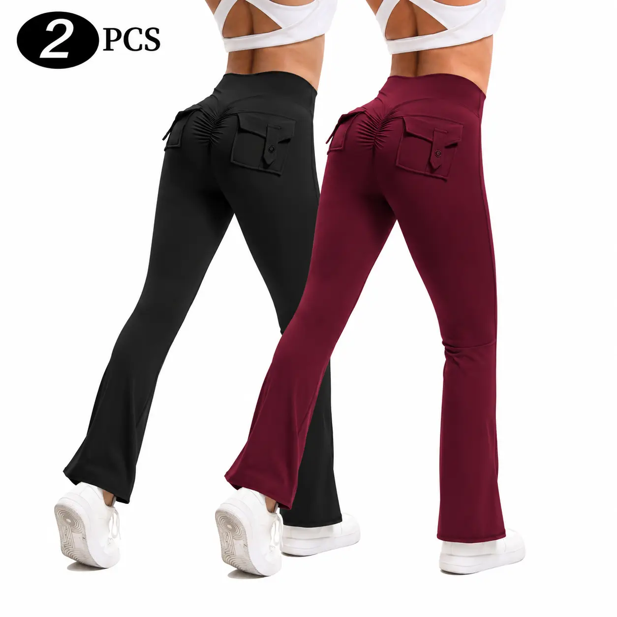 2 Pack High Waist Bootcut Flare Yoga Pants for Women, Ruched Back Button Flap Pocket Stretchy Soft Workout Casual Trousers, 4 Color Combos Available